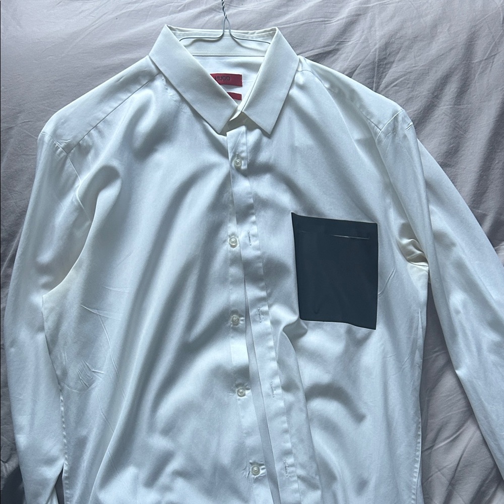 HUGO White Dress Shirt with Black Pocket